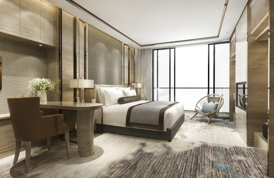 3d rendering luxury classic modern bedroom suite in hotel